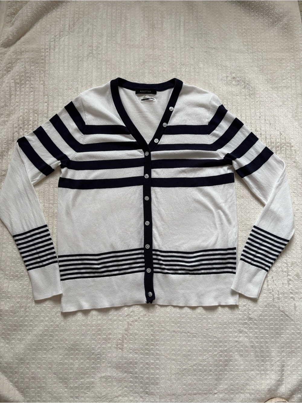 White and Navy Striped V-Neck Cardigan